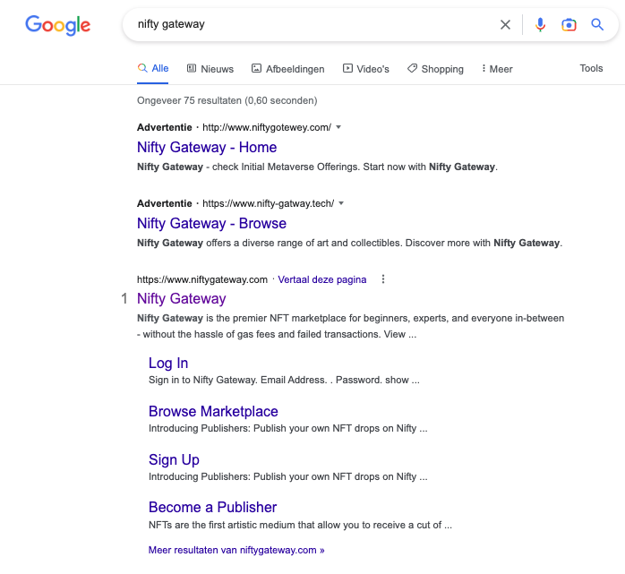 Google-nep-advertenties-niftygateway